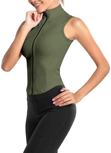 Image of FEOYA Slim Fit Full Zip Sports Vest for Women Workout Gym Crop Tops Sleeveless Yoga Running Tank Tops Skinny Sport Gym Vest Top Womens Quick Dry Athletic Sleeveless Shirts Fitness Top Green S