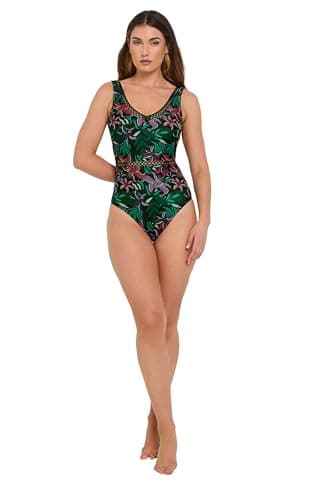 Image of Long Tall Sally - LTS Tall Tropical Palm Ladder Trim Swimsuit - Women's Black
