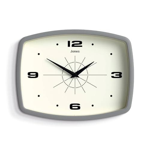 Image of JONES CLOCKS® Movie wall clock | Retro rectangular clock | 25cm | Grey | Cool mid-century designer look for kitchen, living room or office