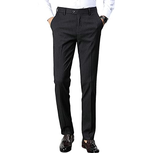 Image of Men's Slim Striped Casual Tapered Pant Pinstripe Wrinkle Resistant Suit Pant Lightweight Business Dress Trousers (XL,Black)