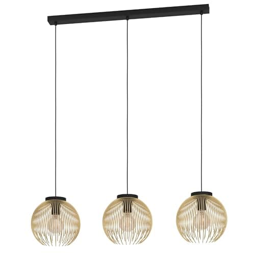 Image of Eglo Pendant Lighting Venezuela, 3 lamp Ceiling Light Fitting, Wire Hanging lamp for Dining and Living Room Made of Metal in Black and Gold, E27 Socket