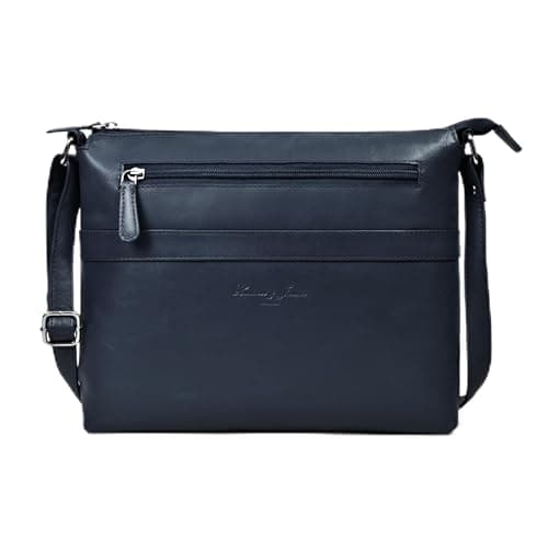 Image of Hudson & James Women's Leather Crossbody Bag | Shoulder Handbag with Adjustable Strap | Lightweight Sling Bag for Travel, Shopping, Work, and Everyday Essentials (Navy)