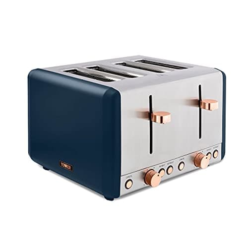 Image of Tower T20051MNB Cavaletto 4-Slice Toaster with Defrost/Reheat, Stainless Steel, 1800 W, Midnight Blue and Rose Gold