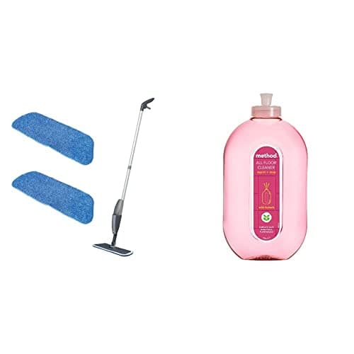 Image of Addis Essentials Microfibre Spray Flat Mop with 2x Spare Replacement refills heads, Grey & Light Blue, One Size & Method Floor Cleaner, Wild Rhubarb, 739 ml