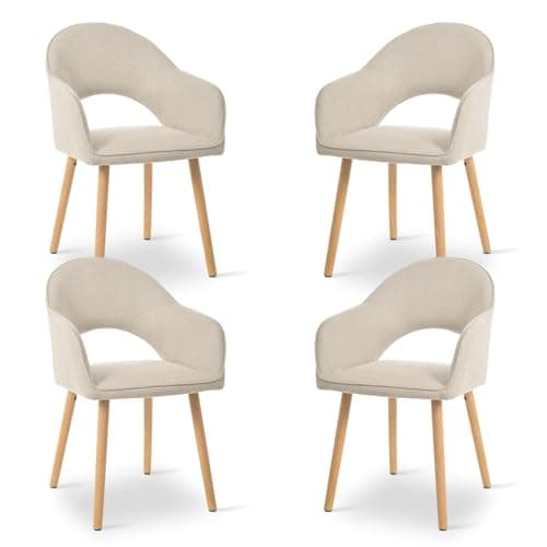 Image of Goeurvant Beige Dining Chairs Set of 4, Upholstered Chairs with Armrests& Wooden Legs, Wool Linen Blend Armchairs, Ergonomic Kitchen Chair, Living Room Chair for Dining Room and Kitchen, Beige