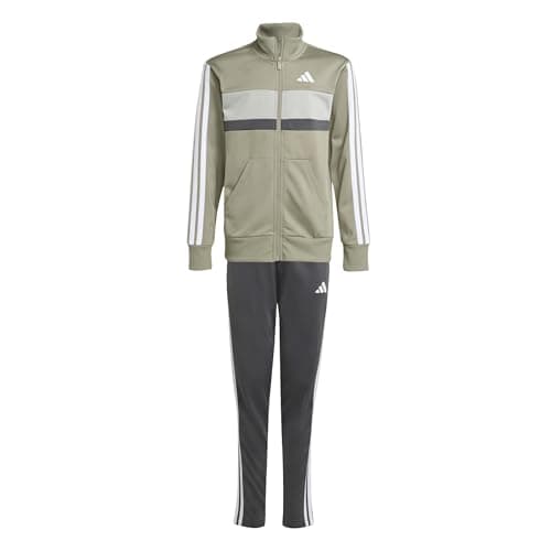 Image of adidas Unisex Kids SEASONAL ESSENTIALS TIBERIO 3 STRIPES TRICOT TRACKSUIT, silver pebble/grey six/metal grey/white, 11-12 Years