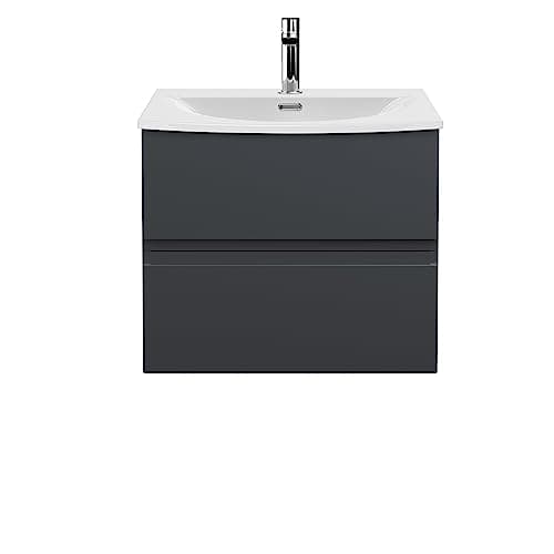 Image of Hudson Reed URB1404G Urban Modern Bathroom Wall Hung 2 Drawer Bathroom Vanity Unit & Curved Ceramic Basin, 600mm, Soft Black