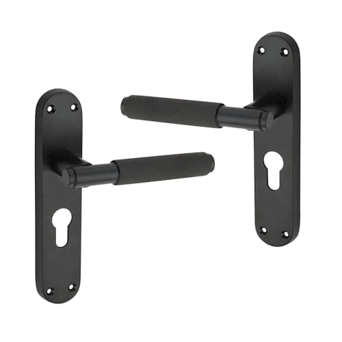 Image of Infinity Decor Pair of Modern Knurled Lever on Backplate Euro Lock Door Handles Set - for Interior & Exterior Door (Matt Black)