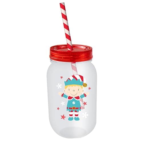 Image of Widdle Gifts Christmas Mason Jar and Straw - Re-useable Sturdy Plastic Childrens Mason Jar and Re-useable Straw Elf 4045