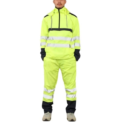 Image of Men Hi Vis Rain Suit Reflective Tape High Visibility Waterproof Two Piece Hooded Set Yellow 2XL