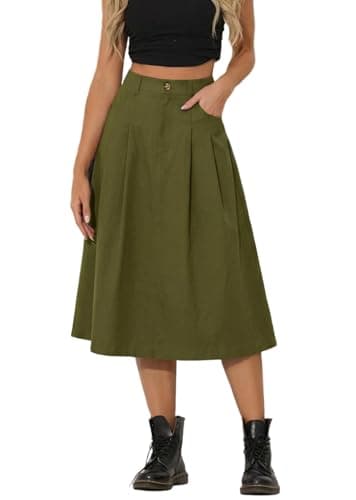 Image of GRECERELLE Womens Summer Long Skirts Ladies Casual Maxi Solid Cargo Skirt Elastic High Waist A-Line Dress with Pockets for Women UK (Army Green, M)