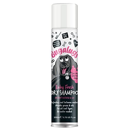 Image of Dry Dog Shampoo by Bugalugs with Baby Fresh fragrance removes oil & grease, dog grooming shampoo products for smelly dogs, best puppy shampoo, professional groom Vegan pet shampoo