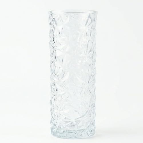 Image of Elvida Interiors Crumble Textured Clear Glass Vase, 19.5cm Decorative Faceted Glass Flower Vase, 8cm Diameter, Cylindrical Clear Vase for Fresh & Dried Flowers, Modern Home Décor