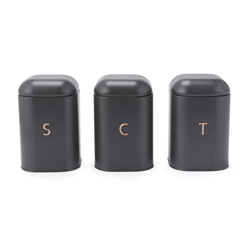 Image of Salter Pebble Canister Set - 3 Piece Countertop Set, Tea Coffee Sugar Storage Tins, Brass Effect Lettering, Kitchen Worktop Containers for Dry Goods, Powder Coated Carbon Steel Caddies, Charcoal