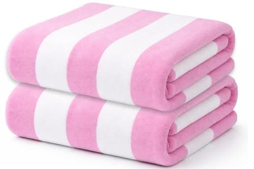 Image of Adore Home 2 Pack Cabana Stripe Microfibre Beach Towels Quick Dry Sand Resistant Pool Towels Lightweight Holiday Travel Towels 70x140cm Pink