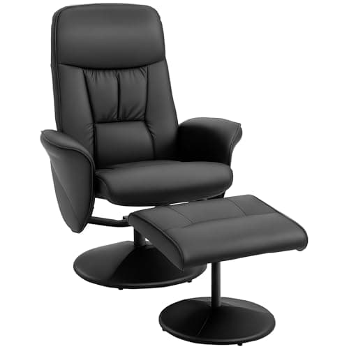 Image of HOMCOM Swivel Recliner Chair with Footstool, PU Leather Armchair and Ottoman with High Back and Round Base for Living Room, Black