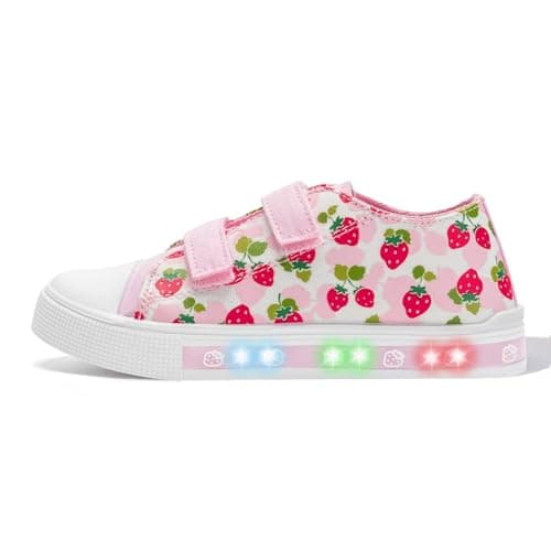 Image of Girls Light Up Trainers Kids Canvas Shoes Toddler Outdoor Indoor School Shoes with Hook and Loops Strawberry Size 9 UK Child