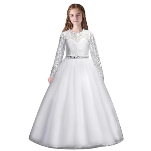 Image of M MUNCASO Lace Long Sleeve Princess Dress, Flower Girls Lace Dresses, First Communion Pageant Dresses, Flower Girl Dress for Christmas, Party, Birthday, Carnival White