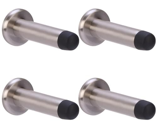 Image of HANDLEZONE® 4 Pack 75mm / 3 inch Projecting Skirting Or Wall Mounted Door Stop, Concealed Fixing, Rubber Buffer Stopper - Satin Nickel