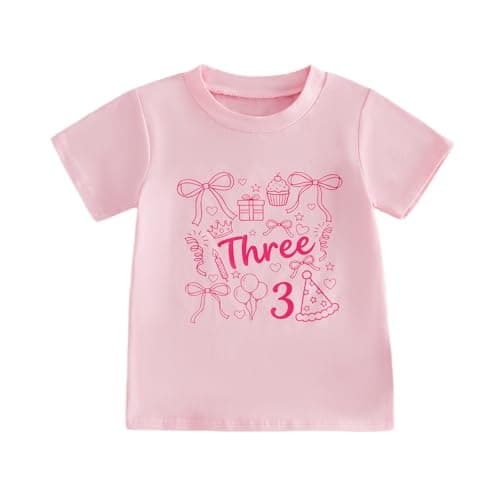 Image of Himllauen Toddler Baby Girls Summer Birthday Shirts Number Letter Print Short Sleeve Crew Neck Cute T-Shirt Little Girls Birthday Summer Clothes Tops 1-6 Years (Pink Bow 3, 3-4 Years)