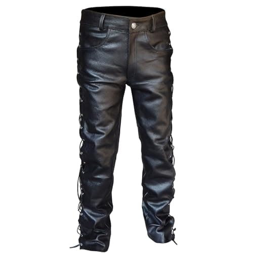 Image of Generic Men's Punk Style Black Leather Trousers - Slim Fit, Straight Leg, High Rise, Stretchable, Size 5XL (38W x 34L), Adult Men's Sports & Work Pants