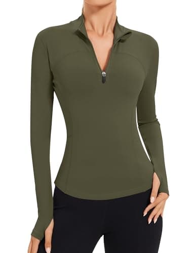 Image of IECCP Women's Cropped Running Jackets 1/4 Zip Up Lightweight Athletic Yoga Gym Tops Jacket with Thumb Holes Army Green XL