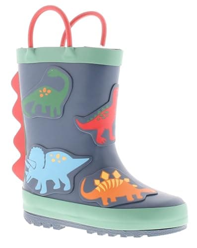 Image of Dinosaur Hunters Billy Boys Wellies (Navy) - Children's Wellington Boots with 3D Dino Design. Waterproof Winter Wellies with Easy Pull-On Handles. Warm & Comfortable Kids Snow Boots Navy 6 Child UK