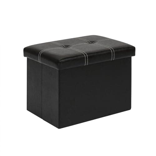 Image of Bonlife Synthetic Leather Ottoman Storage Box with Lid, Foldable Footstool, Kids Bedroom Furniture, Toy Chest, Rectangle Stool, Black, 42x32x32 cm