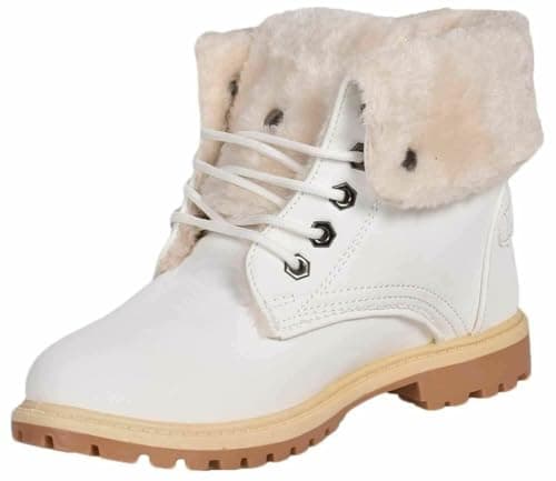 Image of New White Women Combat Flat Grip Sole Fur Lined Ankle Boots Shoes UK Sizes 3-8