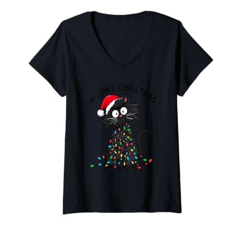 Image of Womens Meowy Christmas - Merry Fluffmas - Cats Christmas V-Neck T-Shirt