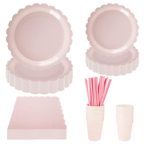 Image of Baby Pink Party Tableware Decorations, PHUNAT 125PCS Pink Party Tableware Set, Pink Paper Plates Cups and Napkins, Disposable Party Tableware Set 25 Guests, Pink Party Supplies for Table Decorations
