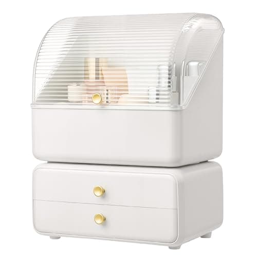 Image of BTGGG Makeup Organiser Box with 2 Drawers Cosmetic Beauty Skincare Storage Cases for Dressing Table Bathroom Vanity, Large Capacity Jewelry Organisers Desk Storage Container White 27x28x35.8cm