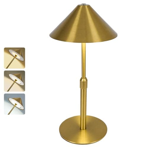 Image of LuminexDesigns Cordless Rechargeable Table Lamp – Adjustable Height Brass Metal Wireless Lamp, Touch Dimmable 3000K–6000K, IP54 Waterproof Table Lamp for Bedroom, Bathroom, Garden & Patio, Gold