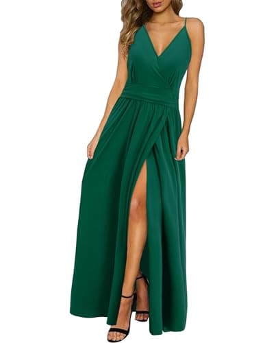 Image of Newshows Women's Summer V Neck Spaghetti Strap Sleeveless Casual Split Long Maxi Wedding Guest Dress Green,M