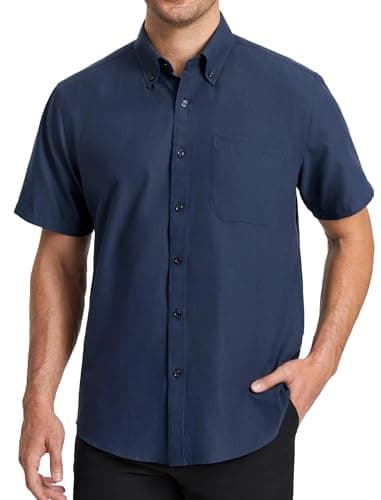 Image of HINDERN Shirts for Men Oxford Formal Shirts Short Sleeve Dark Blue Plain Men's Smart Button Down Regular Fit with Pocket, XL