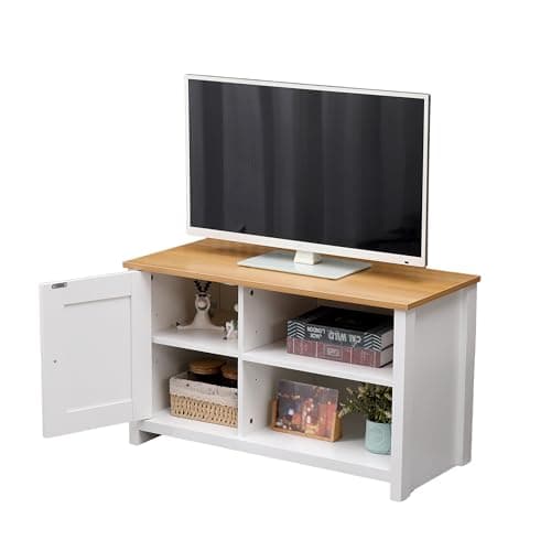 Image of FUSIDE Modern TV Stand Unit with 1 Door and Adjustable Shelves 85cm Media Console for up to 50 inch TVs,Storage Cabinet & Oak Top, White/Grey (White+Oak)