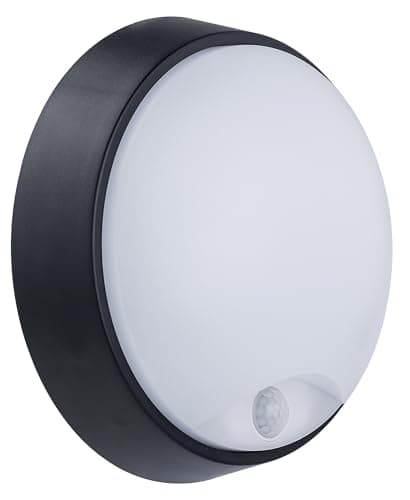 Image of Luceco Eco Outdoor LED Bulkhead Light with PIR Motion Sensor, Decorative Exterior Lighting, Round, Black, IP54, 10W, 700lm, 4000K, EBER10P40