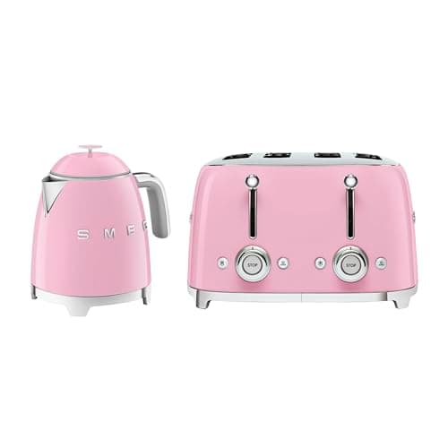 Image of Smeg 50’s Style Retro Range Breakfast Set, 0.8L 1400W Mini Kettle and Multi-Functional Control 4-Slice 2000W Toaster, Pastel Pink, KLF05PKUK/ TSF03PKUK