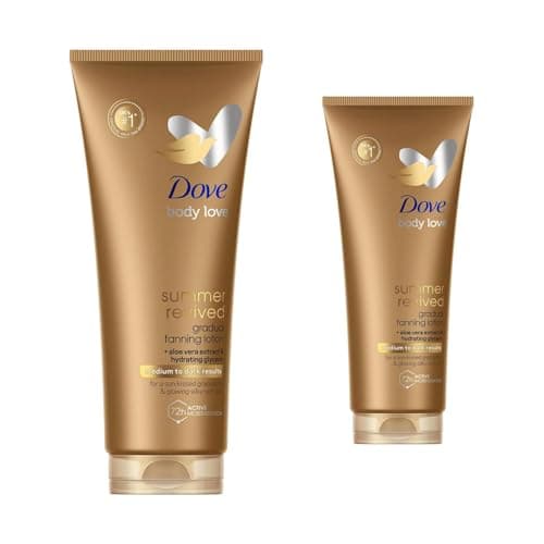 Image of Dove Derma Spa Summer Revived Medium to Dark Skin Body Lotion, Tanning Moisturiser, Gradual Tan Moisturiser, Skinny, Self, Face with Aloe Vera Extract and Hydrating Glycerin (Pack of 2)