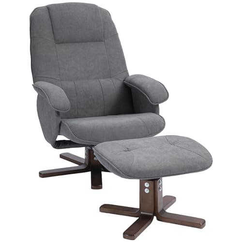 Image of HOMCOM Linen Swivel Recliner Chair with Footstool, Upholstered Reclining Armchair with Wooden Base for Living Room, Grey