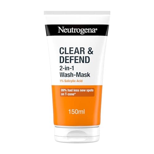 Image of Neutrogena Clear & Defend 2 in 1 Wash-Mask (1x 150ml), Purifying Face Wash and Clay Mask for Oily, Spot-Prone Skin, Face Wash Mask with 1% Salicylic Acid for Clearer Skin and to Help Prevent Breakouts