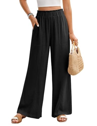 Image of PASUDA Womens Linen Trousers Elasticated High Waisted Palazzo Pants for Women Casual Wide Leg Trousers with Pockets Ladies Elegant Summer Pants Loose Lounge Flowy (Black, L)
