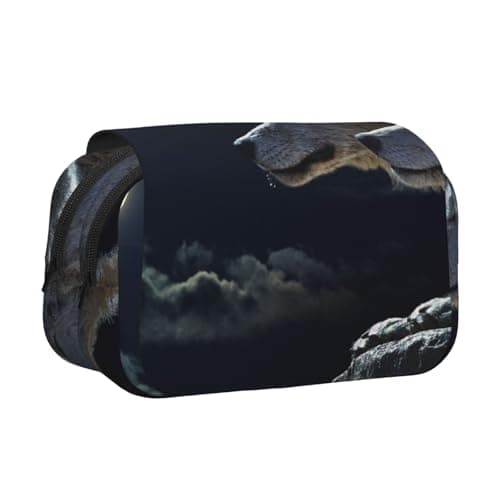 Image of JKLQWC Full-Moon Wolves 3D Prints Pencil Case for Kids Men Women, Two Layers Large Capacity Pencil Pouch Makeup Bag Organizer for Office School Travel