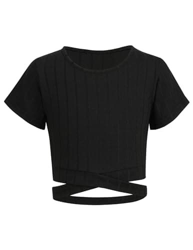Image of Arshiner Girls T-Shirts Crop Top Kids Summer Short Sleeve Solid Color Round Neck Shirt Casual Fashion Tee Shirt for Girls 13-14 Years Black