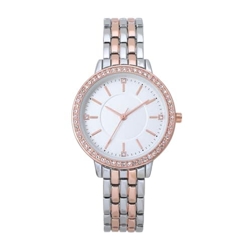 Image of COMTEX Ladies Crystal Watch with Two-Tone Silver and Rose Gold Metal Band, White Dial