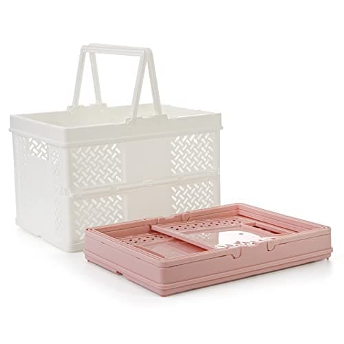 Image of Spesh 2 Pcs Collapsible Storage Crates 24cm*18cm Mini Foldable Kid Shopping Baskets with Handles Small Plastic Crates for Picnic,Shopping,Camping(White+Pink)