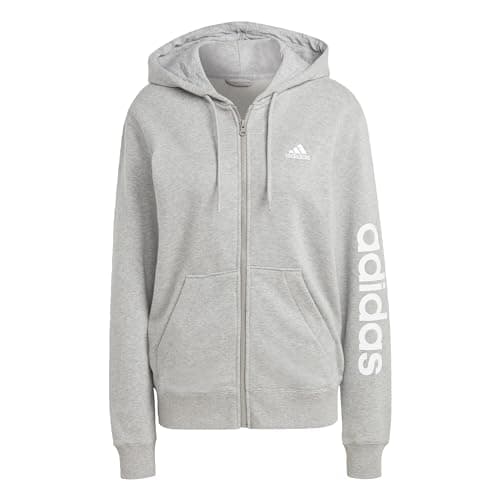Image of adidas Women's Essentials Linear Full-Zip French Terry Hoodie, Medium Grey Heather/White, S