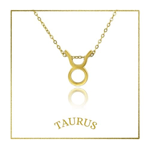 Image of 18K Gold Plated Stainless Steel Zodiac Necklace with Gift Box Dainty Horoscope Sign Pendant Jewellery for Women & Men, Birthday, Anniversary, Christmas, Graduation, or Mother’s Day Gift (Taurus)