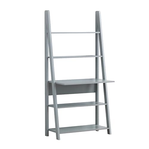 Image of Tall Ladder Desk with Five Tier Shelves Space Saving Home Office Furniture Oak Finish