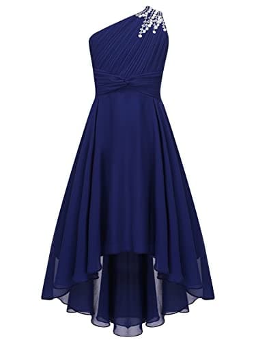 Image of CHICTRY Kids Girls Sequin One Shoulder Formal Party Dance Gown High-Low Chiffon Proms Dresses Navy Blue 9-10 Years